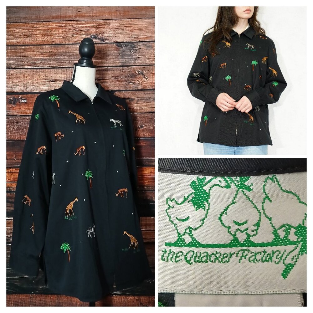 The Quacker Factory Jacket 1X Embroidered Safari Animals Full Zip Cotton